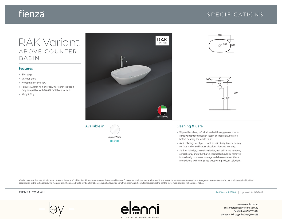 RAK Variant Above Counter Basin - Elenni specification drawing