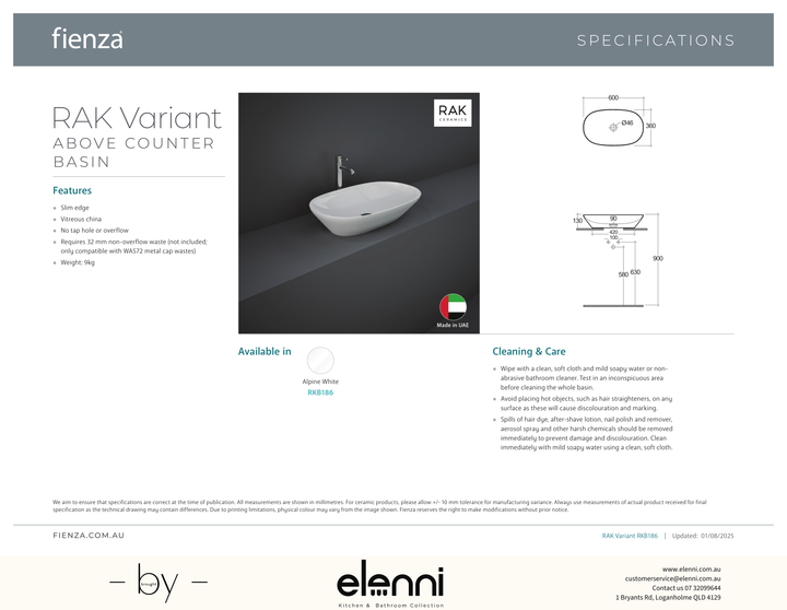 RAK Variant Above Counter Basin - Elenni specification drawing