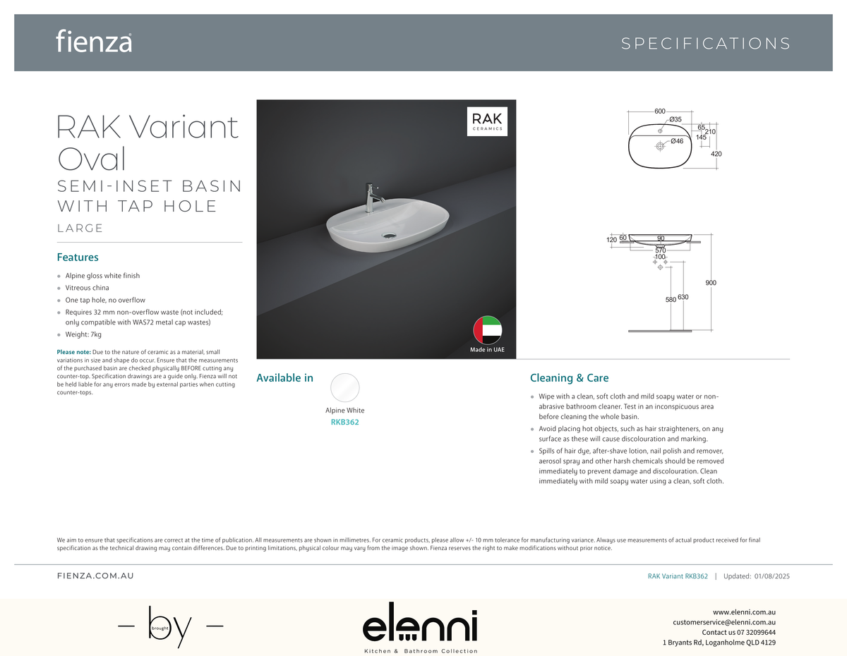 RAK Variant Large Oval Semi-Inset Basin with Tap Hole - Elenni specification drawing
