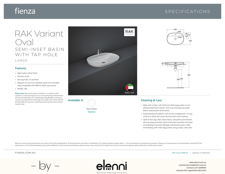 RAK Variant Large Oval Semi-Inset Basin with Tap Hole - Elenni specification drawing