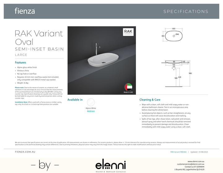 RAK Variant Large Oval Semi-Inset Basin - Elenni specification drawing