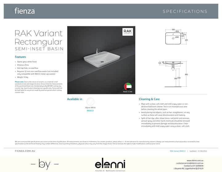 RAK Variant Rectangular Semi-Inset Basin with Tap Hole - Elenni specification drawing
