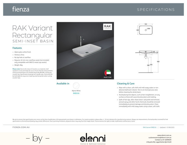 RAK Variant Rectangular Semi-Inset Basin - Elenni specification drawing