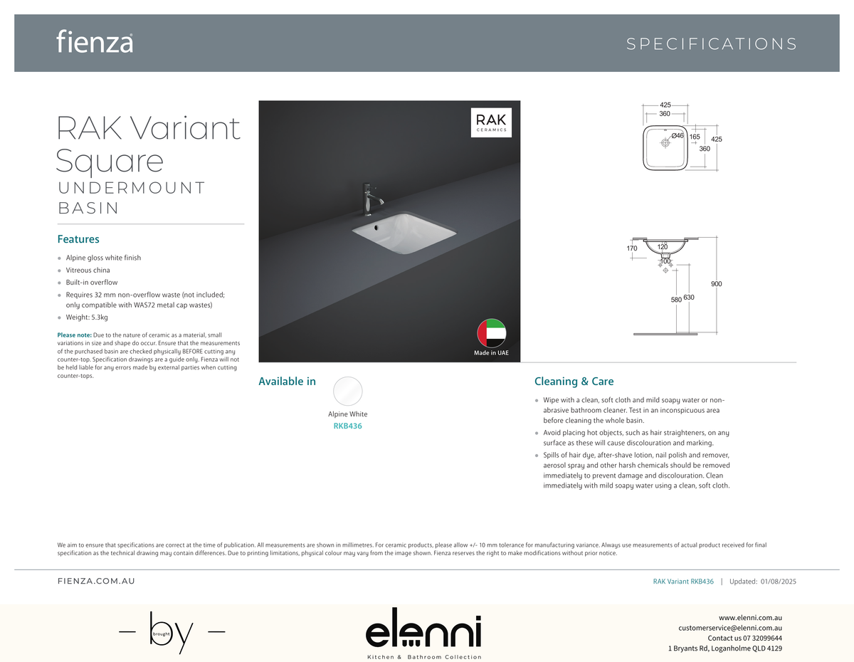 RAK Variant Square Undermount Basin - Elenni specification drawing