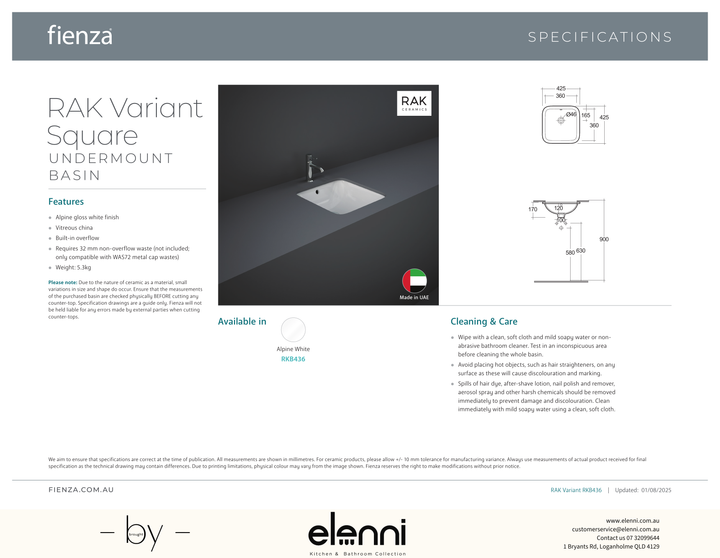 RAK Variant Square Undermount Basin - Elenni specification drawing