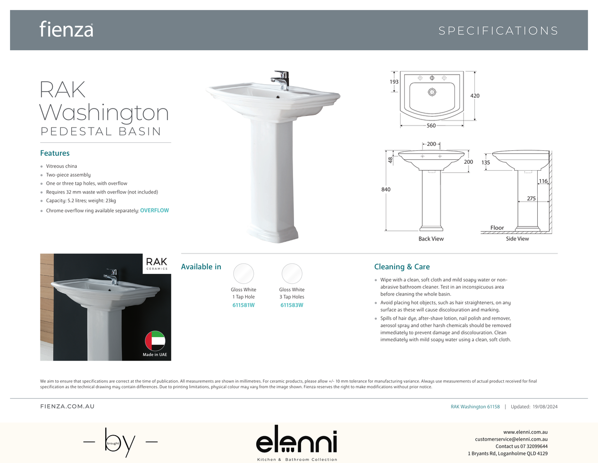 RAK Washington Pedestal Basin - Elenni specification drawing