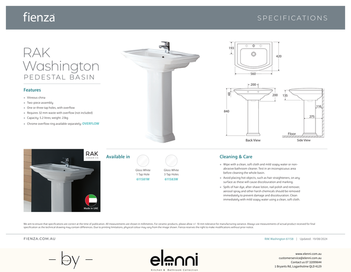 RAK Washington Pedestal Basin - Elenni specification drawing