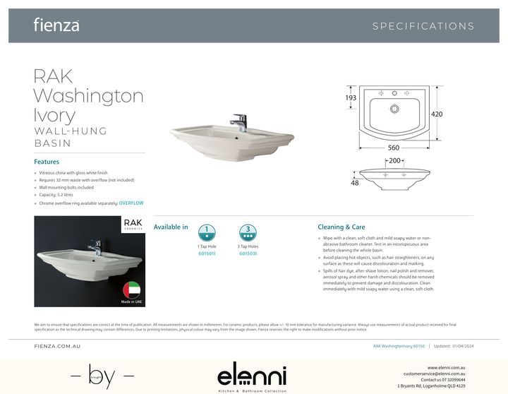 RAK Washington Wall Basin - Elenni specification drawing