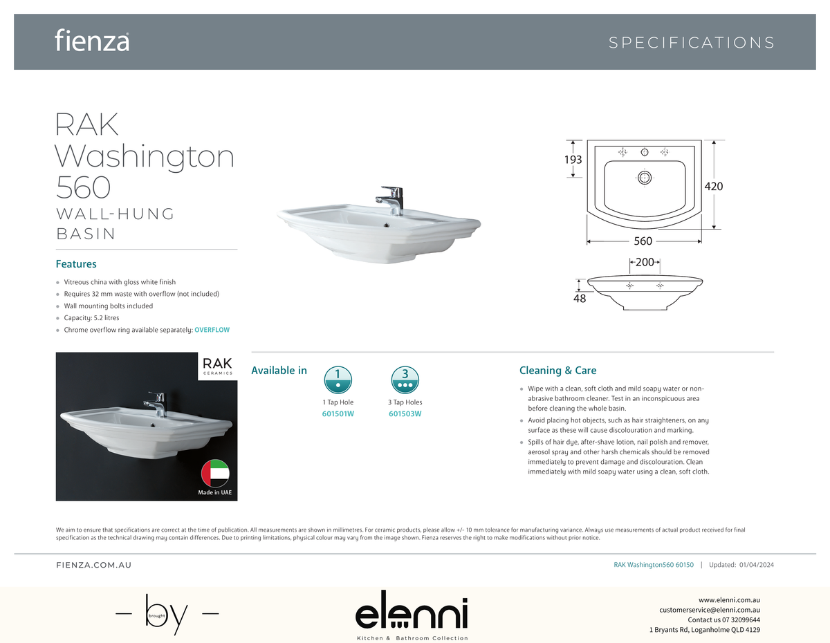 RAK Washington Wall Basin - Elenni specification drawing