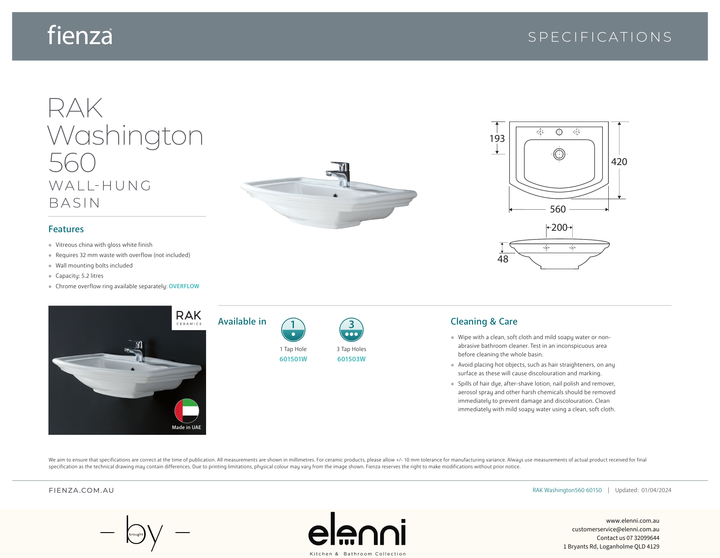 RAK Washington Wall Basin - Elenni specification drawing