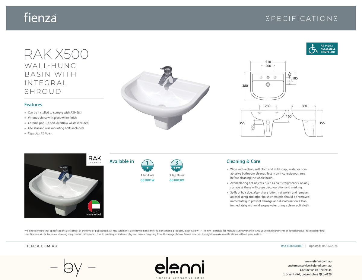 RAK X500 Wall Basin With Integral Shroud - Elenni specification drawing