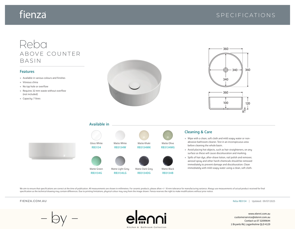 Reba Above Counter Basin - Elenni specification drawing
