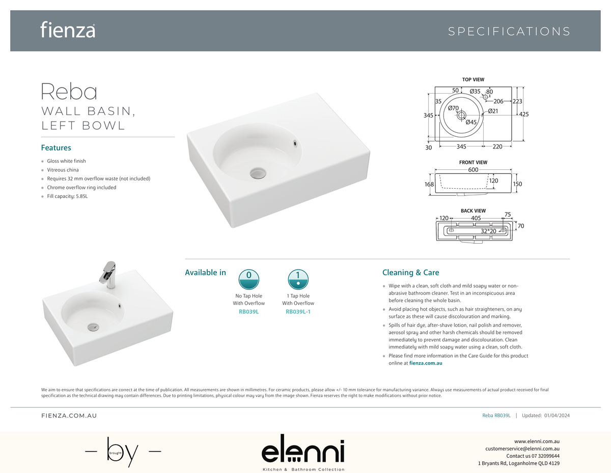 Reba Left Bowl Wall Basin - Elenni specification drawing
