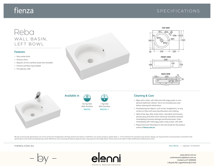Reba Left Bowl Wall Basin - Elenni specification drawing