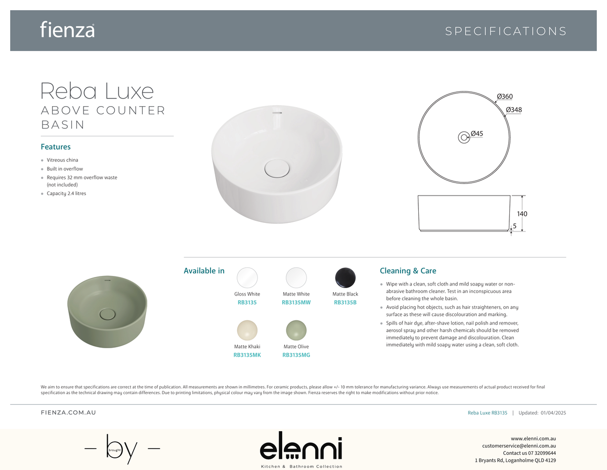 Reba Luxe Above Counter Basin - Elenni specification drawing