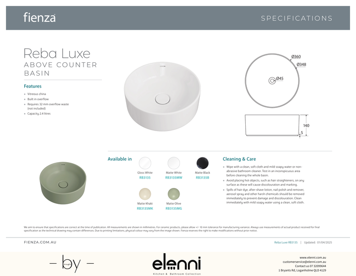 Reba Luxe Above Counter Basin - Elenni specification drawing
