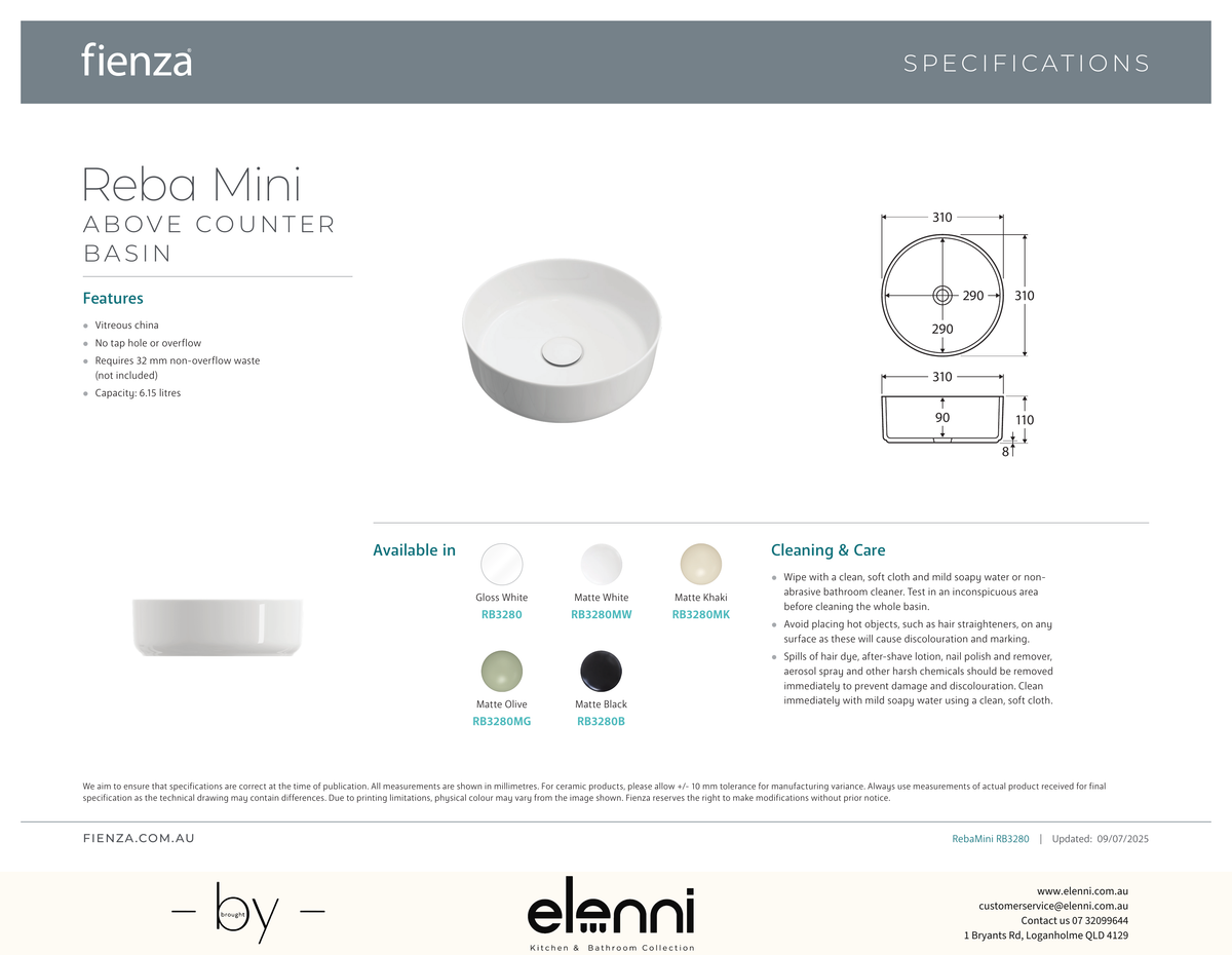 Reba Mini Above Counter Basin - Elenni specification drawing