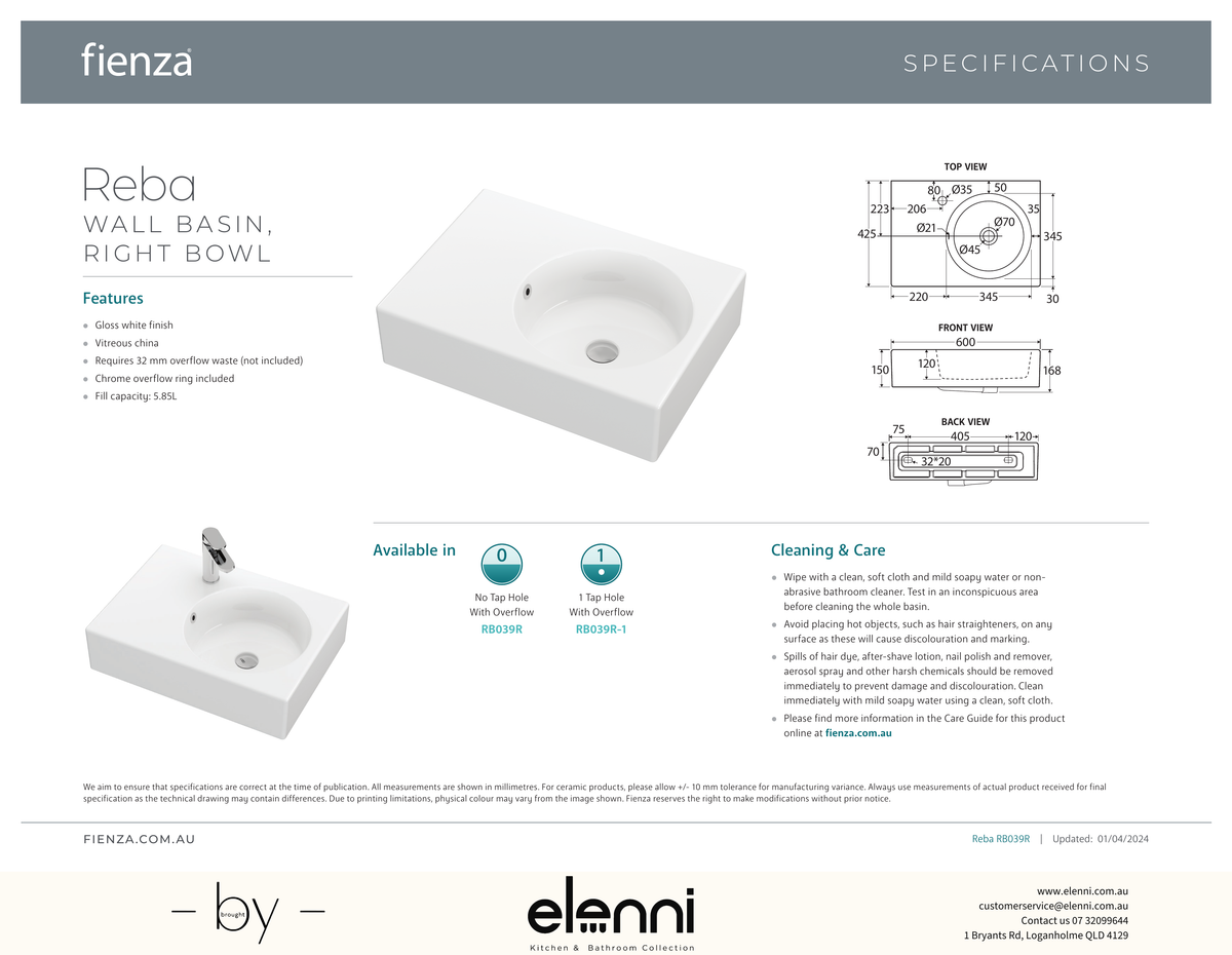 Reba Right Bowl Wall Basin - Elenni specification drawing