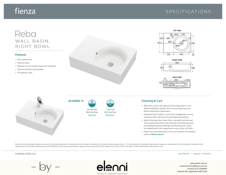 Reba Right Bowl Wall Basin - Elenni specification drawing