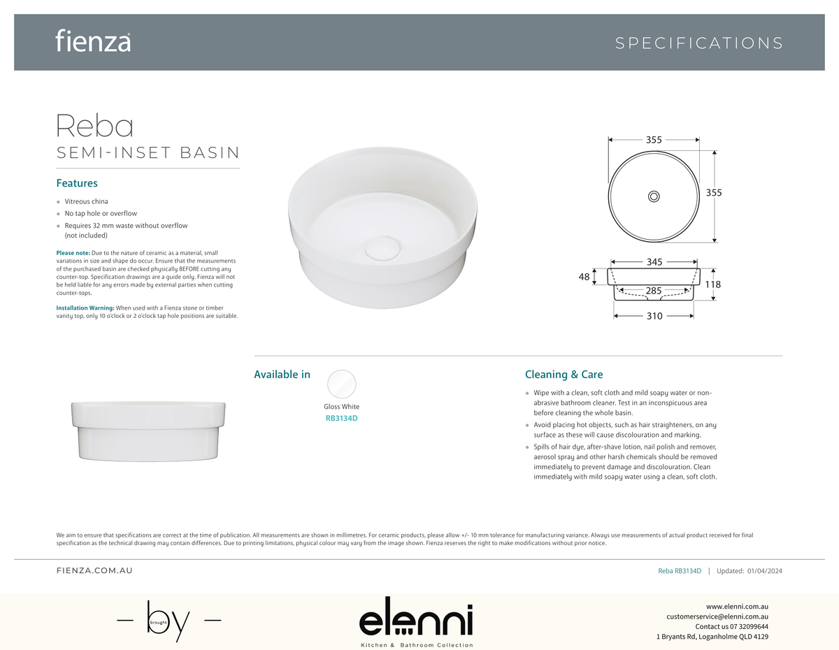 Reba Semi-Inset Basin - Elenni specification drawing