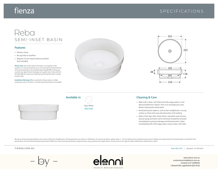 Reba Semi-Inset Basin - Elenni specification drawing