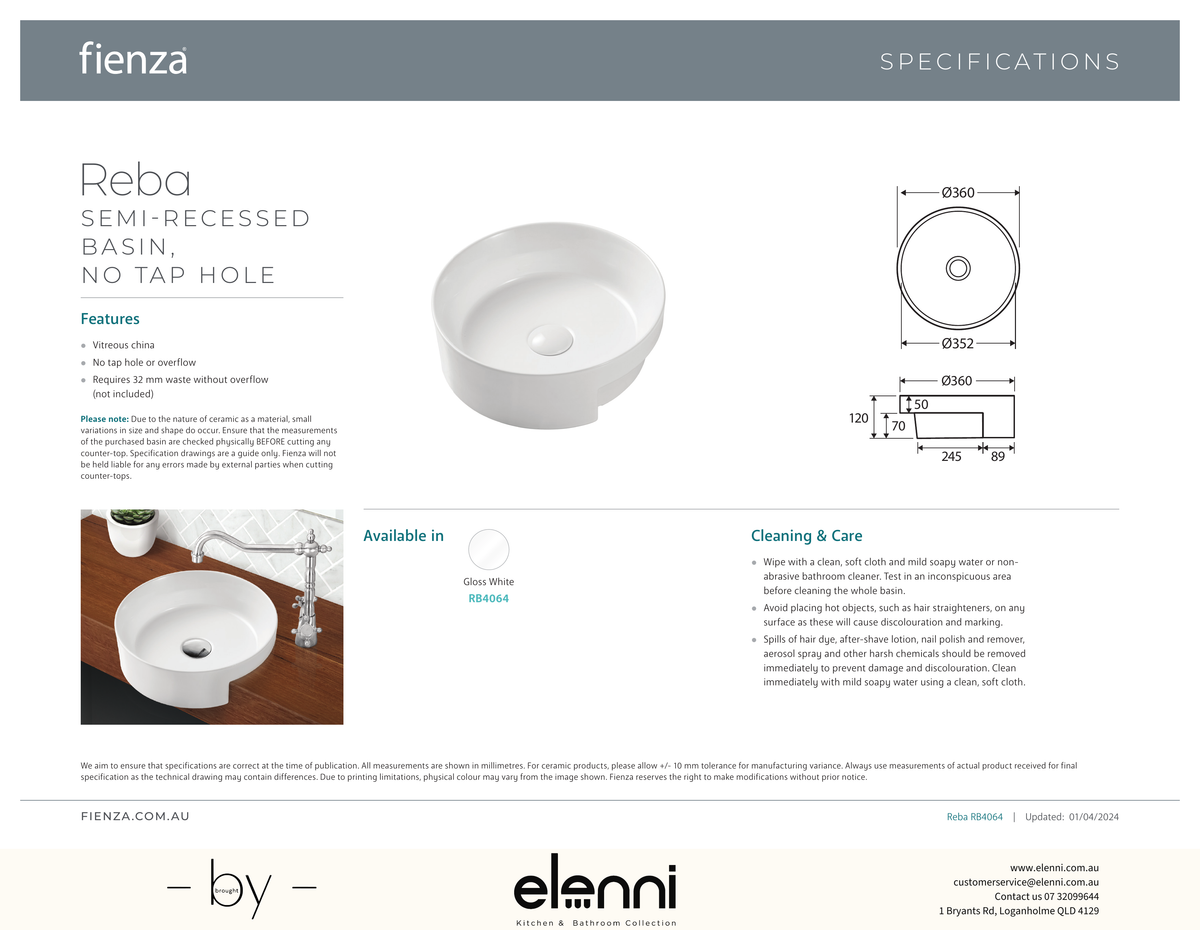 Reba Semi-Recessed Basin - Elenni specification drawing