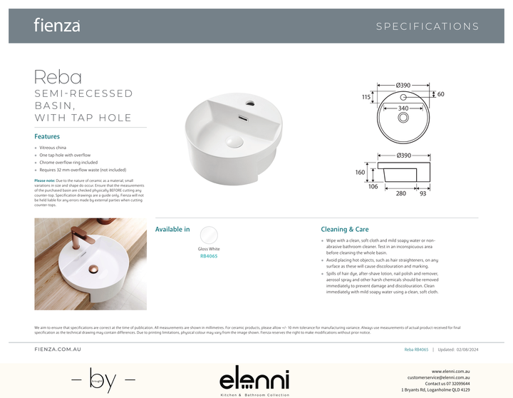 Reba Semi-Recessed Basin With Tap Hole - Elenni specification drawing