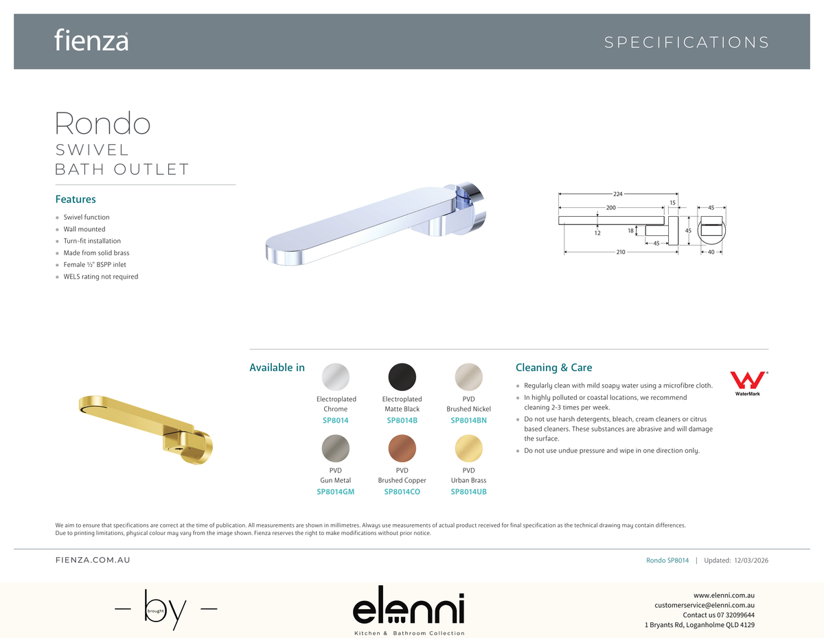 Rondo Swivel Bath Outlet - Spec sheet