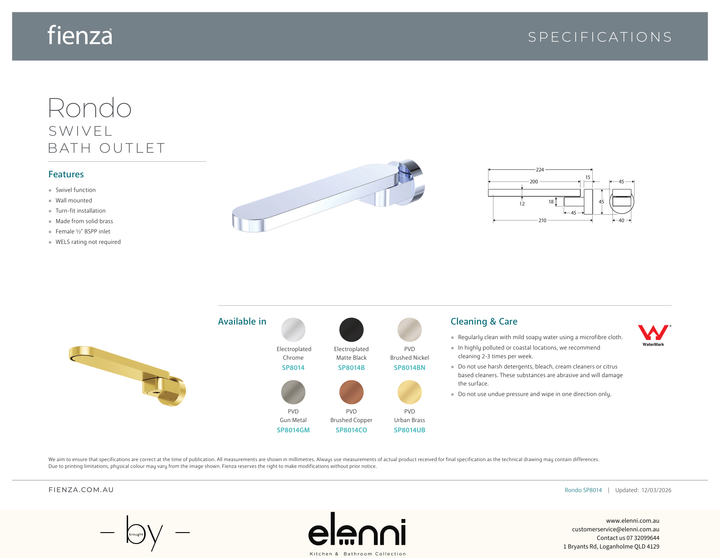 Rondo Swivel Bath Outlet - Spec sheet