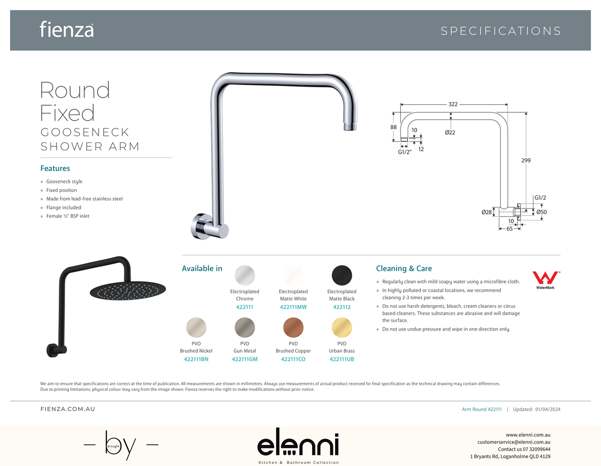 Round Fixed Gooseneck Shower Arm - Spec sheet