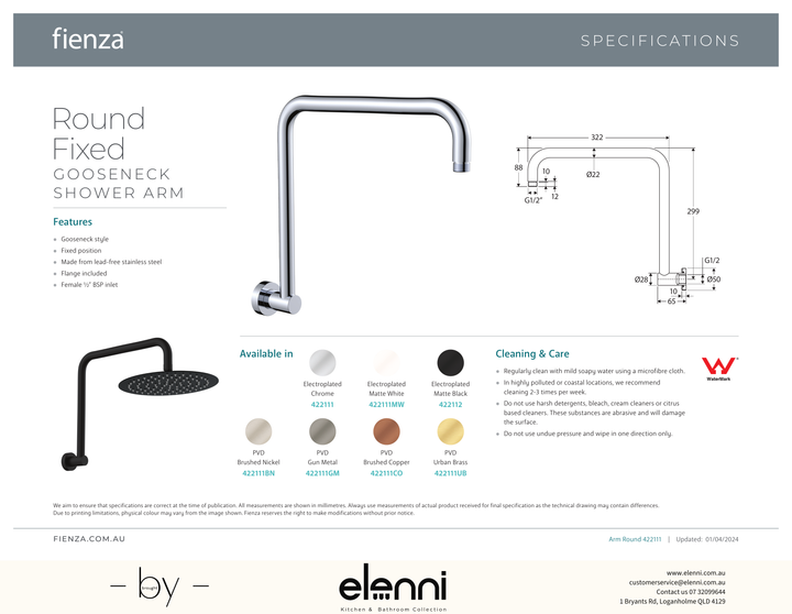 Round Fixed Gooseneck Shower Arm - Spec sheet