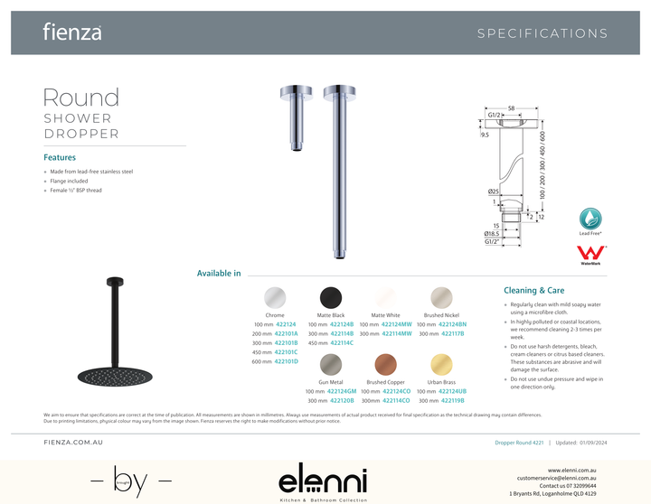 Round Shower Dropper, 100mm - Spec sheet