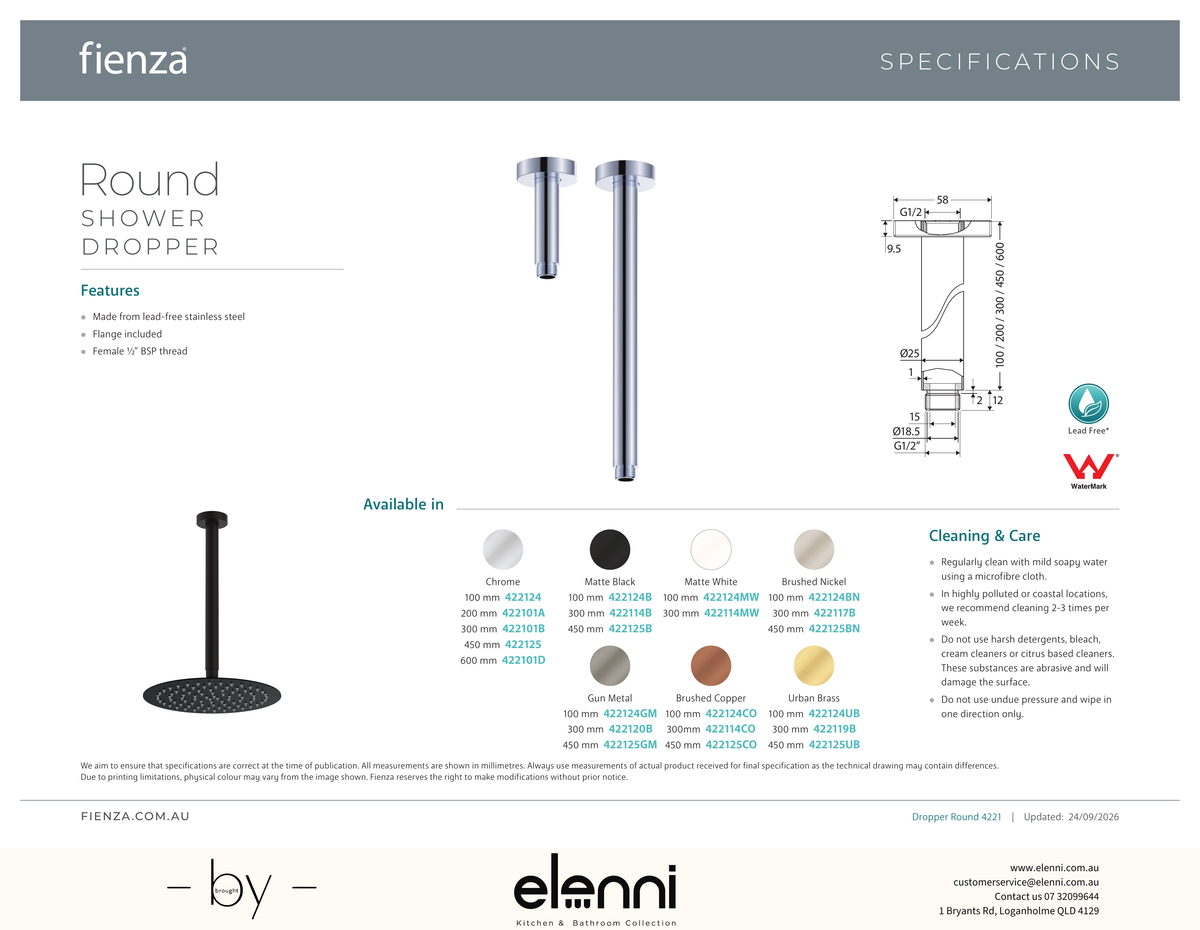 Round Shower Dropper, 450mm - Spec sheet