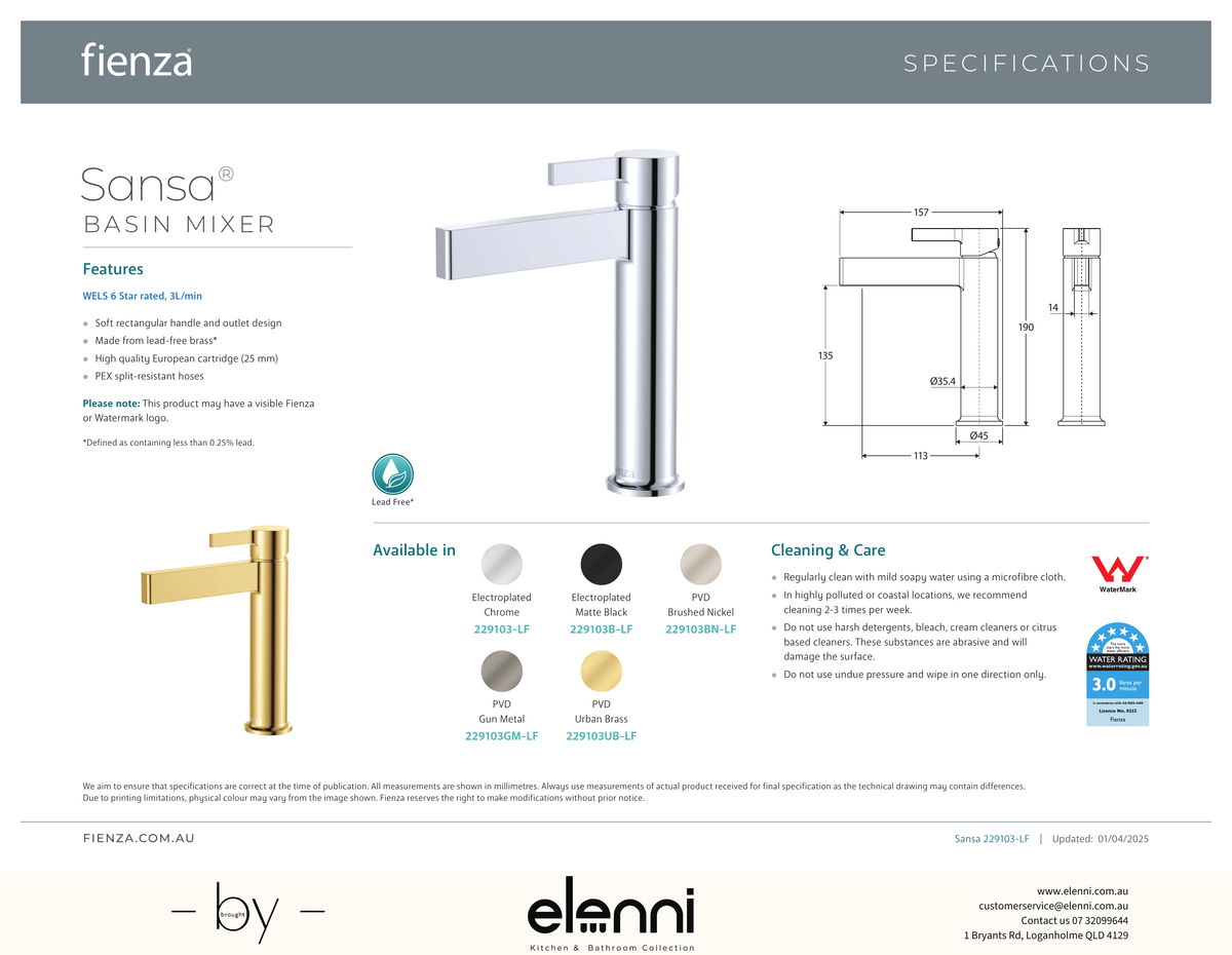 Sansa Basin Mixer - Spec sheet