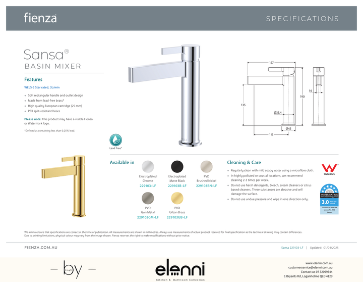 Sansa Basin Mixer - Spec sheet