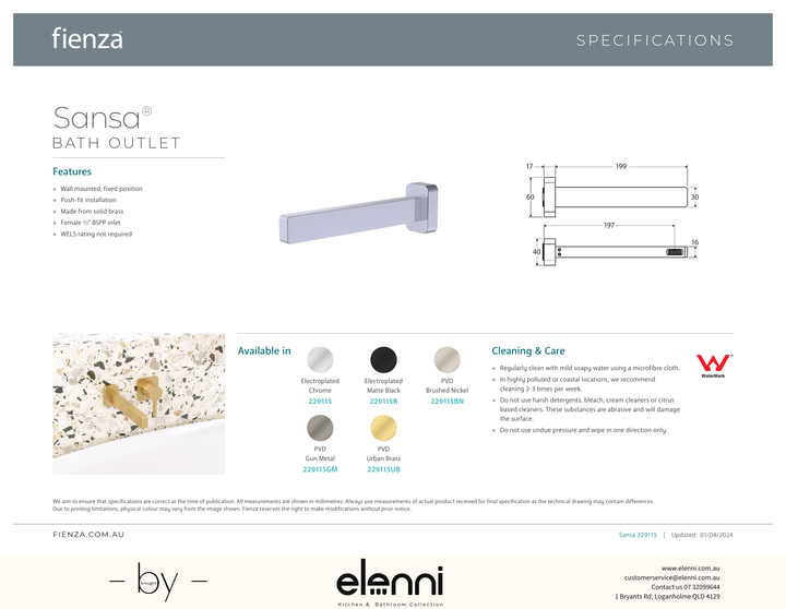 Sansa Bath Outlet - Spec sheet