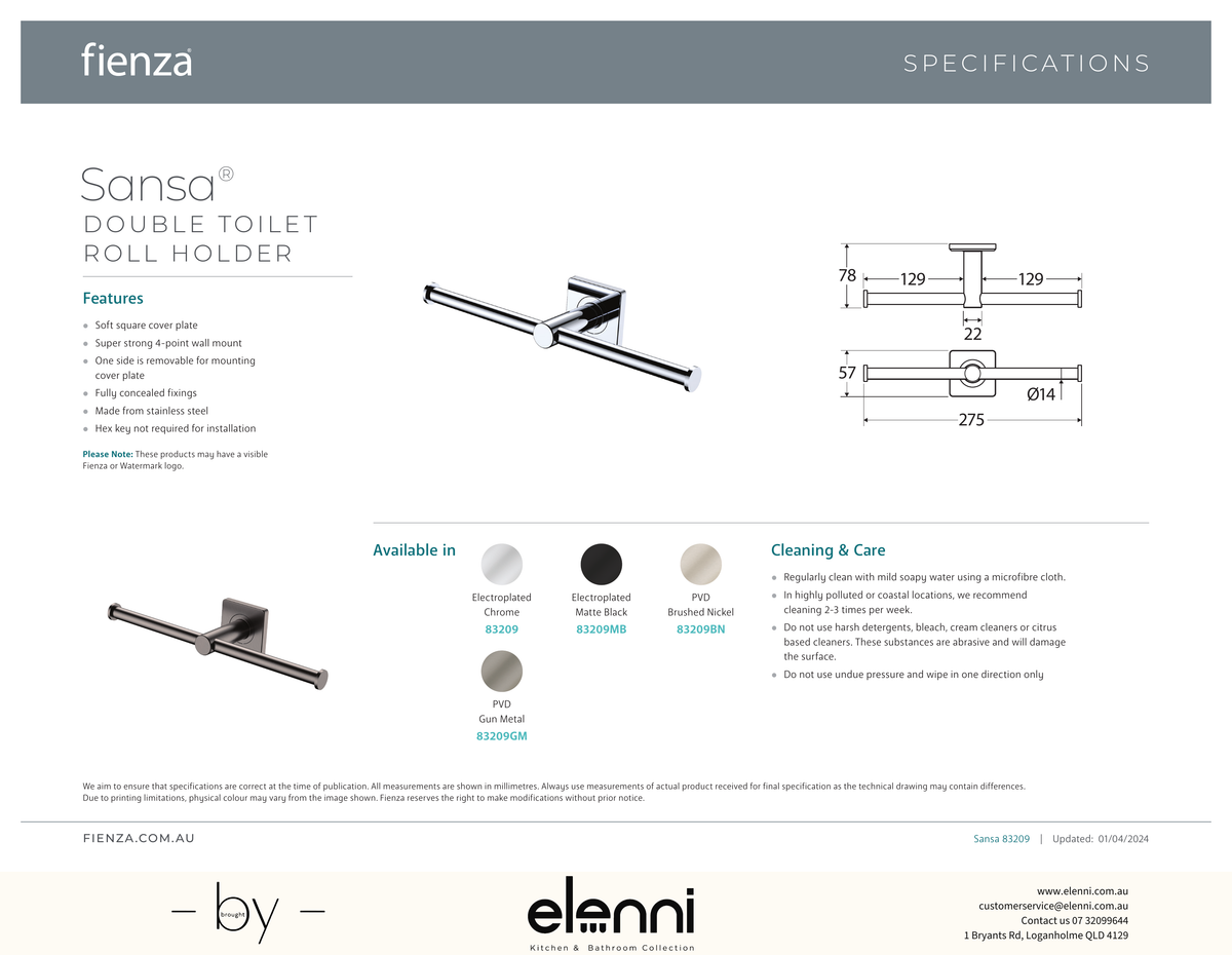 Sansa Double Toilet Roll Holder - Spec sheet