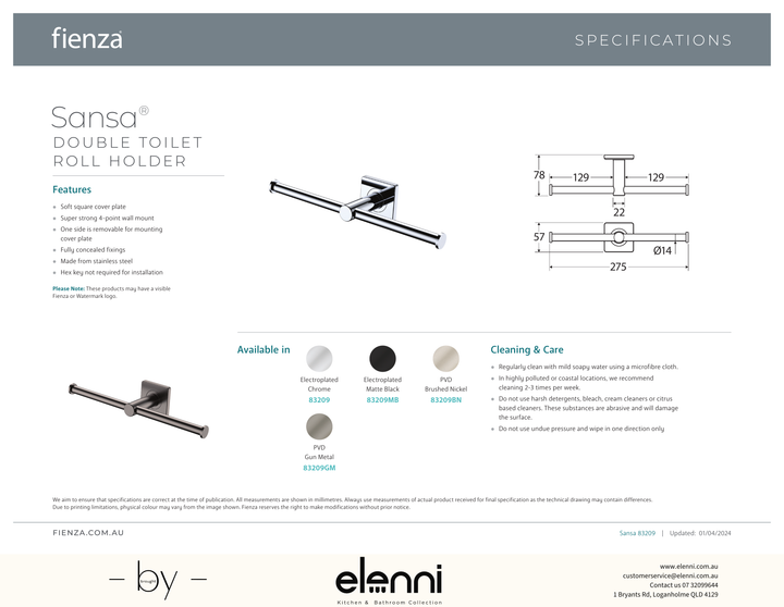 Sansa Double Toilet Roll Holder - Spec sheet