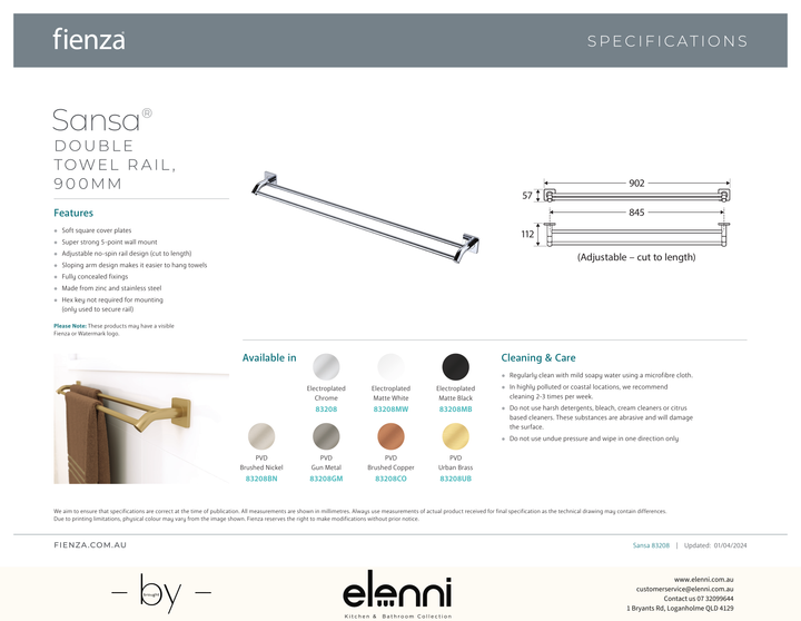 Sansa Double Towel Rail, 900mm - Spec sheet