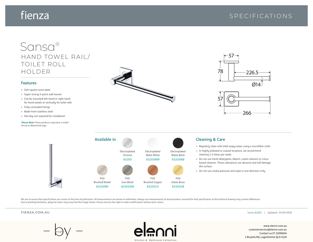 Sansa Hand Towel Rail / Toilet Roll Holder - Spec sheet