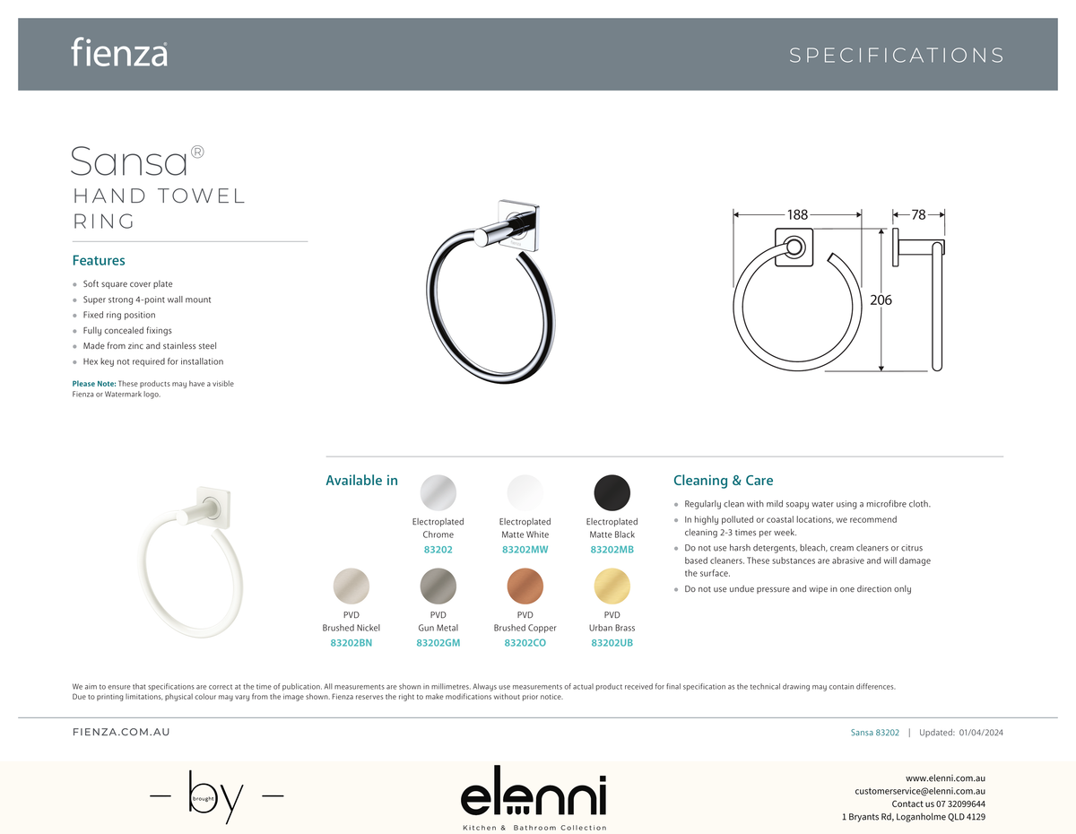 Sansa Hand Towel Ring - Spec sheet