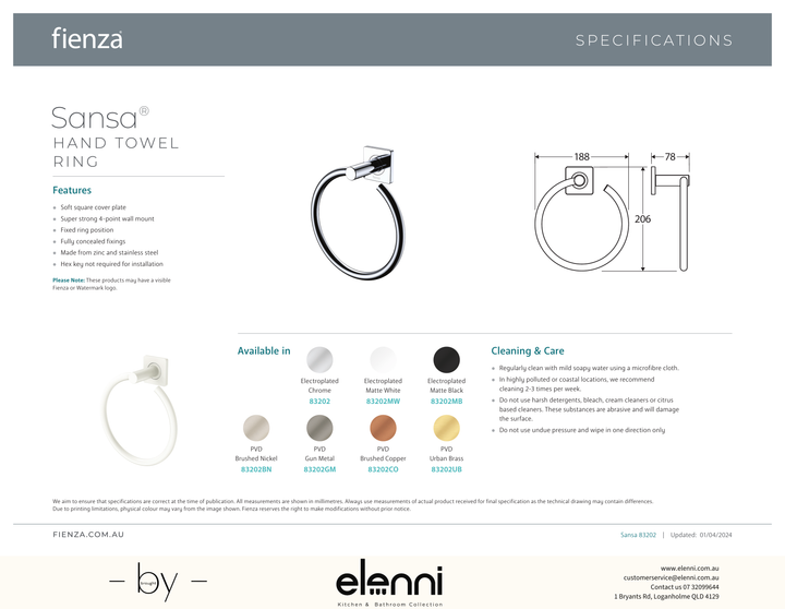 Sansa Hand Towel Ring - Spec sheet