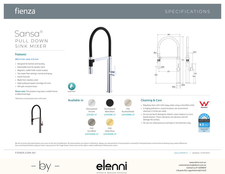 Sansa Pull Down Sink Mixer - Spec sheet