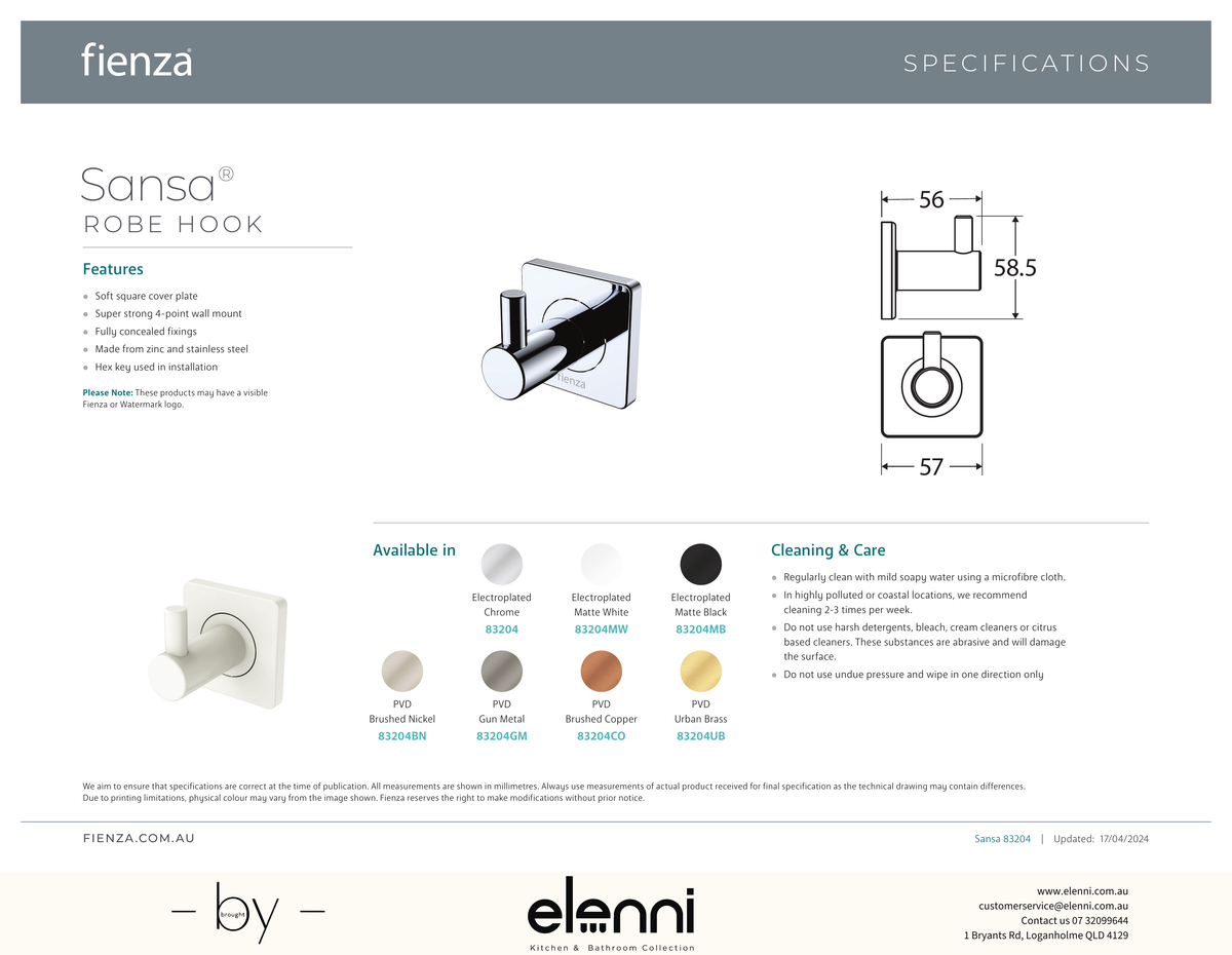 Sansa Robe Hook - Spec sheet