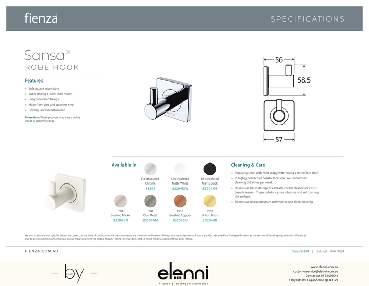 Sansa Robe Hook - Spec sheet
