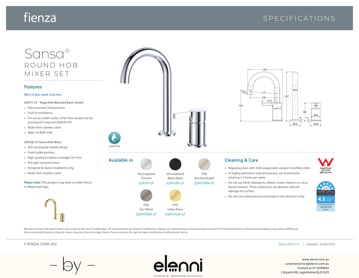 Sansa Round Hob Mixer Set - Spec sheet