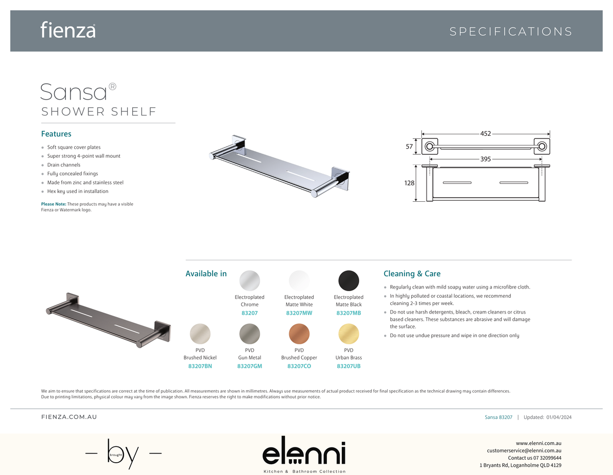 Sansa Shower Shelf - Spec sheet