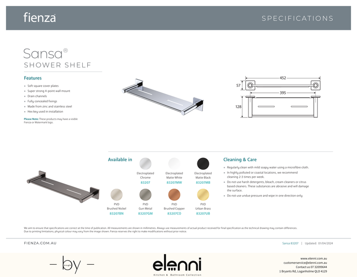 Sansa Shower Shelf - Spec sheet