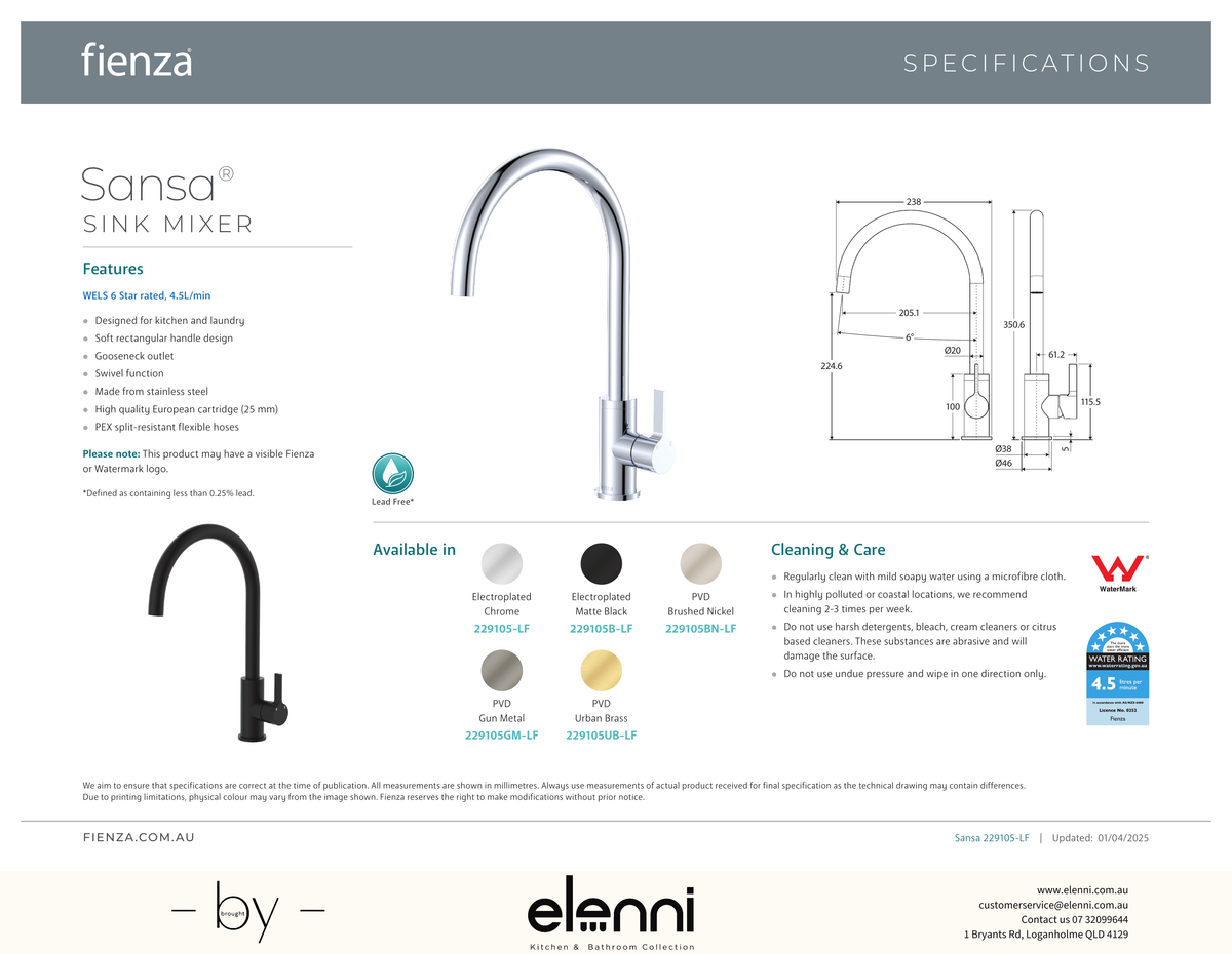 Sansa Sink Mixer - Spec sheet
