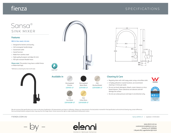 Sansa Sink Mixer - Spec sheet